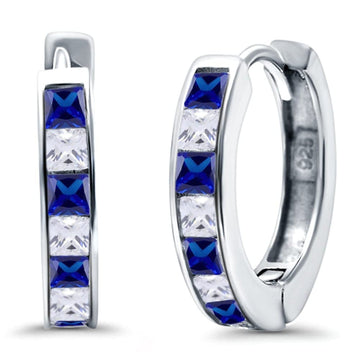 Half Eternity Hoop Earrings Princess Cut Simulated Blue Sapphire CZ 925 Sterling Silver (14mm)